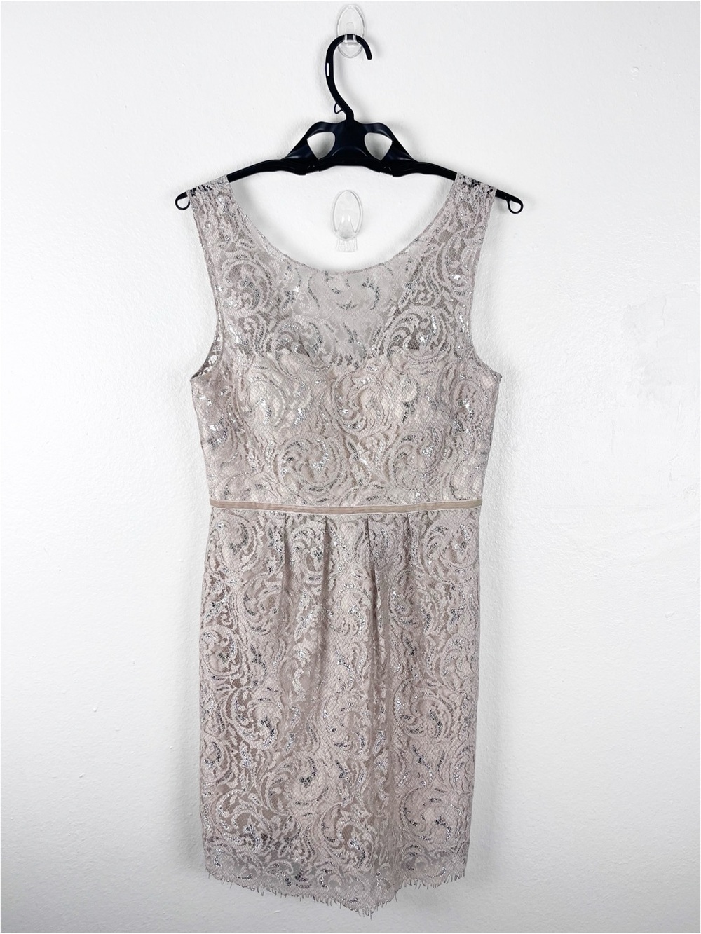 JENNY YOO Harlow Champagne Silver Metallic Lace Overlay Cocktail Dress Size 10